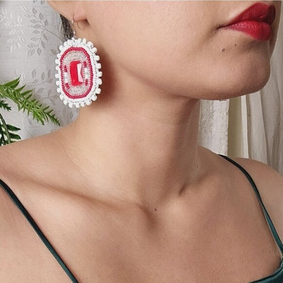 2/$27 | White + Red Beaded Bohemian Indigenous Native Hoop Earrings | Handmade - Picture 4 of 9